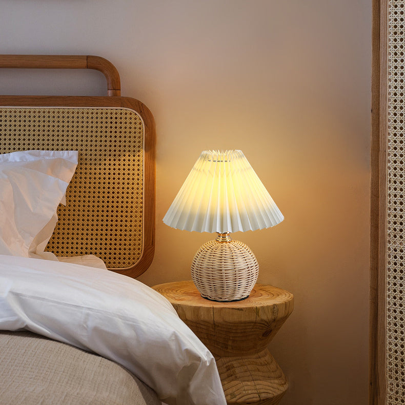 Nordic Rattan Table Lamp with Fabric Shade, USB Powered & Infinitely Dimmable LED Light for Bedroom, Living Room, Study