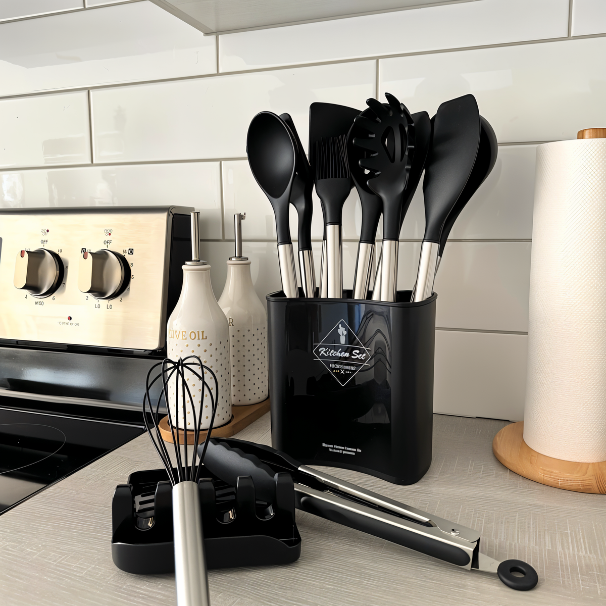 Silicone Cooking Utensil Set 12-Piece with Stainless Steel Handles and Countertop Holder for Home Kitchen Prep Stirring Whisking Serving