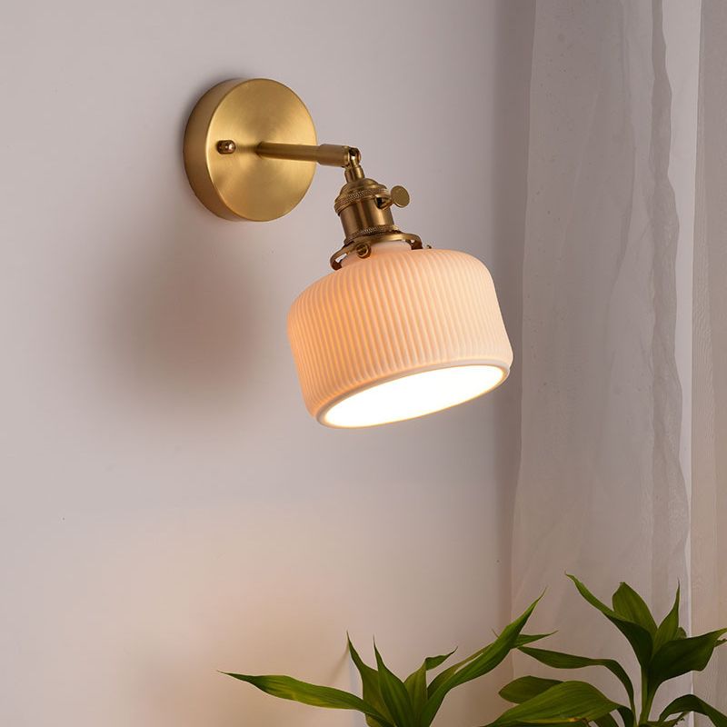 Ceramic Wall Sconce with Geometric Metal Mount – White Hardwired Fixture for Bedroom, Hallway & Bath