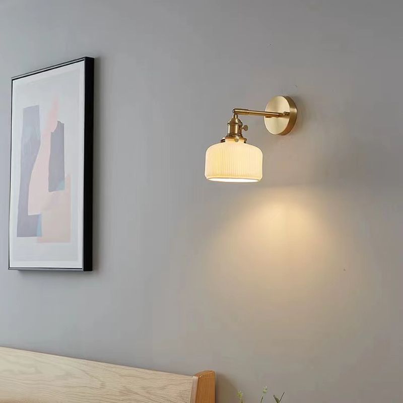 Ceramic Wall Sconce with Geometric Metal Mount – White Hardwired Fixture for Bedroom, Hallway & Bath
