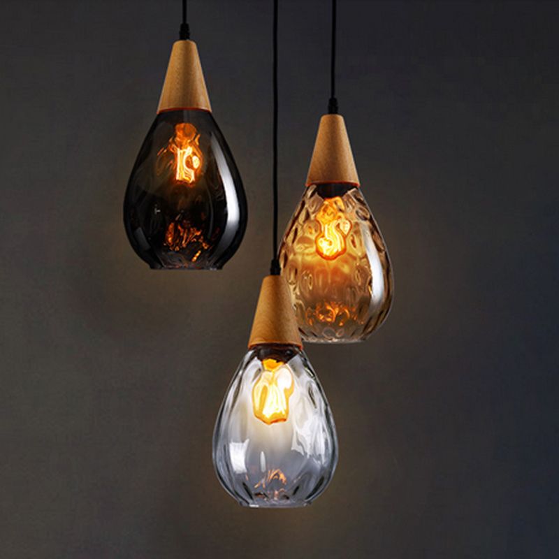 Glass & Wood Drop Ceiling Fixture with Adjustable Cord for Kitchen Island, Dining Room & Living Area | Hardwired E26 Socket | Indoor Overhea