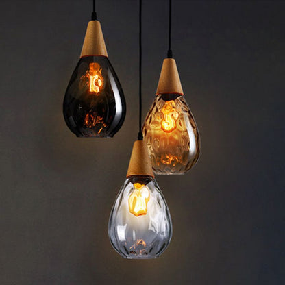 Glass & Wood Drop Ceiling Fixture with Adjustable Cord for Kitchen Island, Dining Room & Living Area | Hardwired E26 Socket | Indoor Overhea