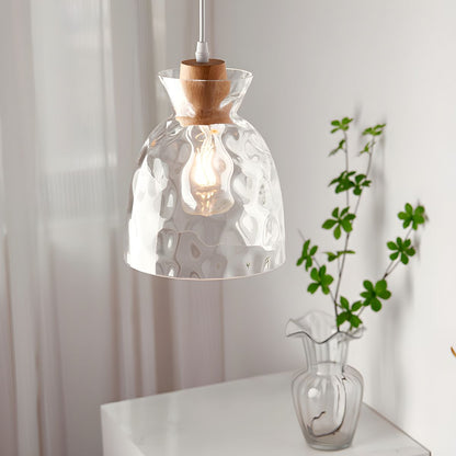 Wood & Glass Drop Light for Counter | Adjustable Height Cord Fixture with Clear Textured Shade | Nordic Style