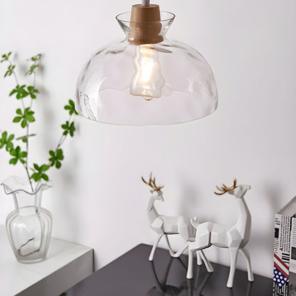 Wood & Glass Drop Light for Counter | Adjustable Height Cord Fixture with Clear Textured Shade | Nordic Style