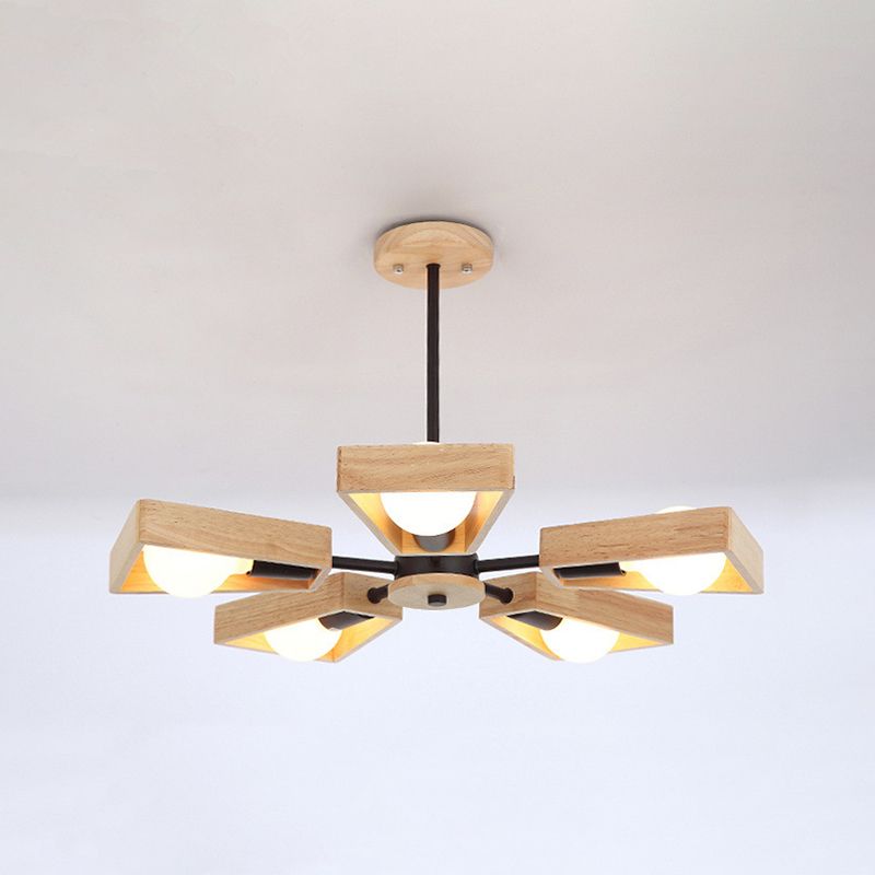 Sputnik Chandelier with Wood Accents - Mid-Century Modern Ceiling Light for Living Room & Dining Room - Geometric Metal Frame Design