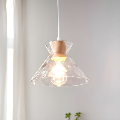 Wood & Glass Drop Light for Counter | Adjustable Height Cord Fixture with Clear Textured Shade | Nordic Style