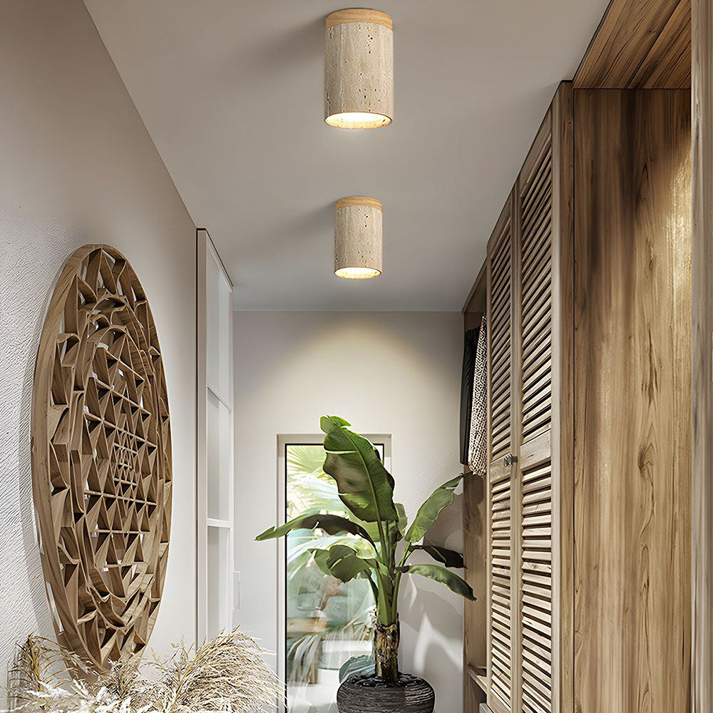 Flush Mount Stone & Wood Light Fixture 10 in Round Natural Beige for Low Ceilings Bedroom Entryway Cozy Overhead Lighting E26 Base