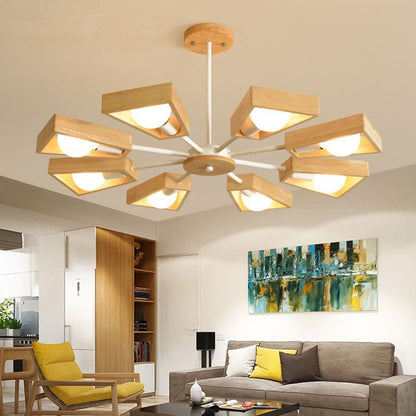 Sputnik Chandelier with Wood Accents - Mid-Century Modern Ceiling Light for Living Room & Dining Room - Geometric Metal Frame Design