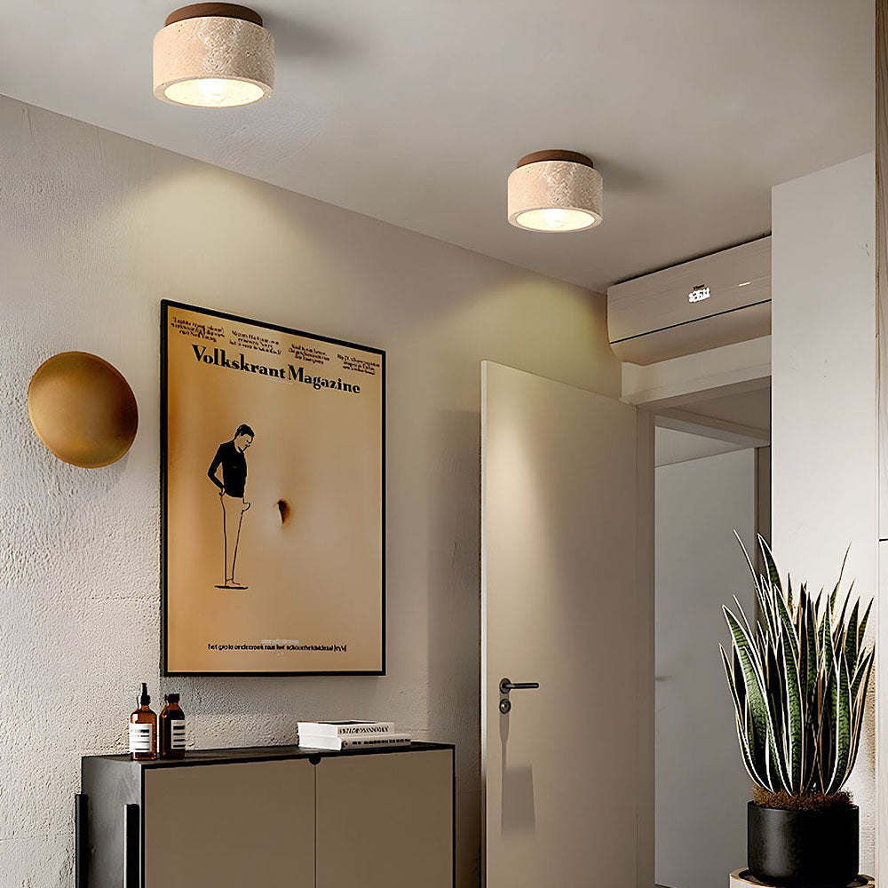 Flush Mount Stone & Wood Light Fixture 10 in Round Natural Beige for Low Ceilings Bedroom Entryway Cozy Overhead Lighting E26 Base