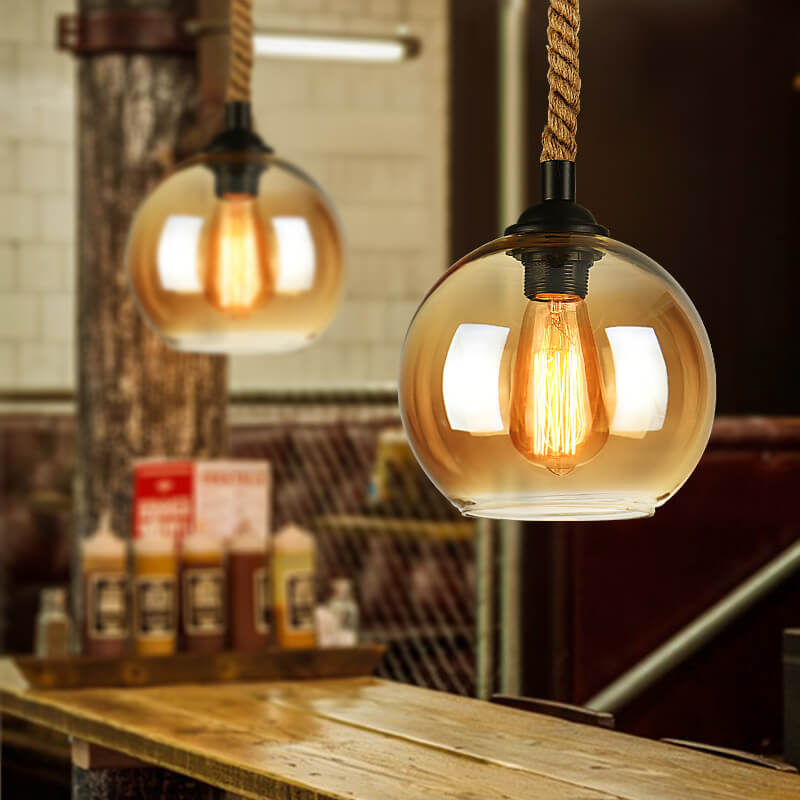 Hanging Ceiling Light Fixture Glass Shade Rope Accent E26 Socket Adjustable Height for Entryway Bedroom Living Space Contemporary Farmhouse