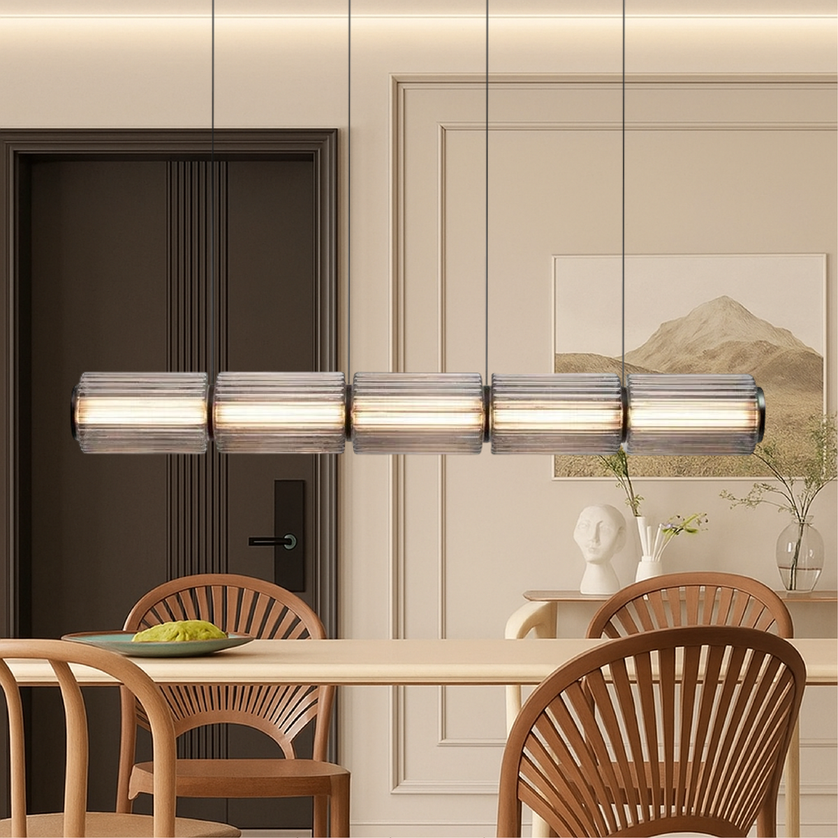 Suspension luminaire cylindrique en verre linéaire LED 37 po noir pour îlots de cuisine, tables de salle à manger, comptoirs de bar, éclairage suspendu contemporain