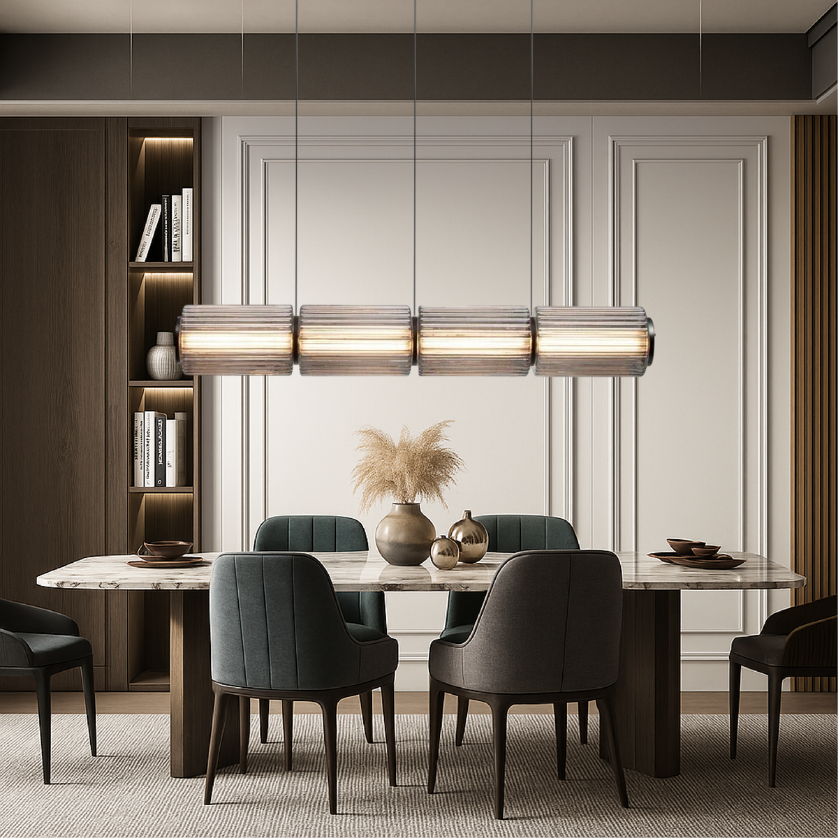 Suspension luminaire cylindrique en verre linéaire LED 37 po noir pour îlots de cuisine, tables de salle à manger, comptoirs de bar, éclairage suspendu contemporain