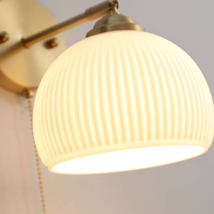 Pull Chain Wall Sconce with Striped Glass Shade – Single-Bulb Hardwired Fixture for Bedroom, Living Room, Hallway