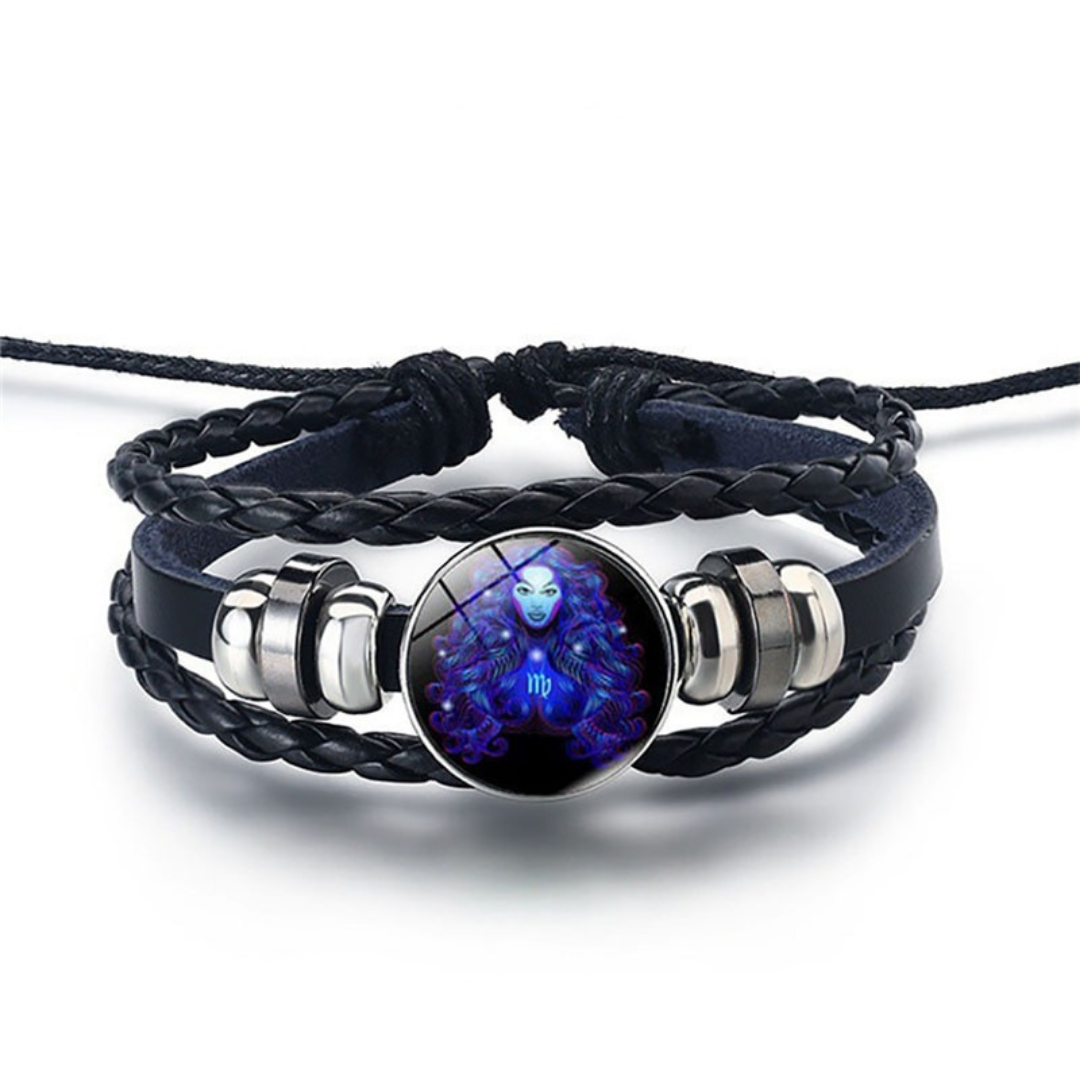 Adjustable Leather Zodiac Bracelet with Blue Stone Charm for Men & Women | Classic Wrist Cuff with Astrology Symbol | Handcrafted Steel &