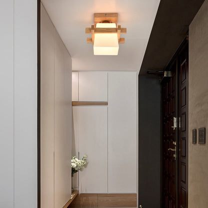 Square Flush Mount Overhead Light Fixture E27 Socket 7.9 Inch White Wood Accent for Bedroom Hallway Living Room Minimalist Scandinavian Mode