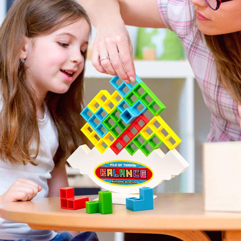 Wooden Stacking Tower Game for Kids - Tumbling Block Balance Challenge with Colorful Tetris Shapes for Toddlers & Children Ages 3+