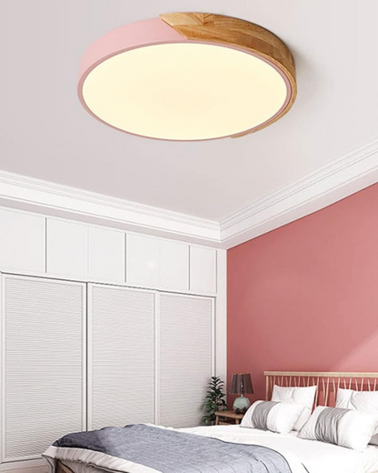 Round Flush Mount Ceiling Light with Wood Accent and Integrated LED – Modern Low Profile Fixture in 9, 12, 16, 20, and 24 inch Sizes for Liv