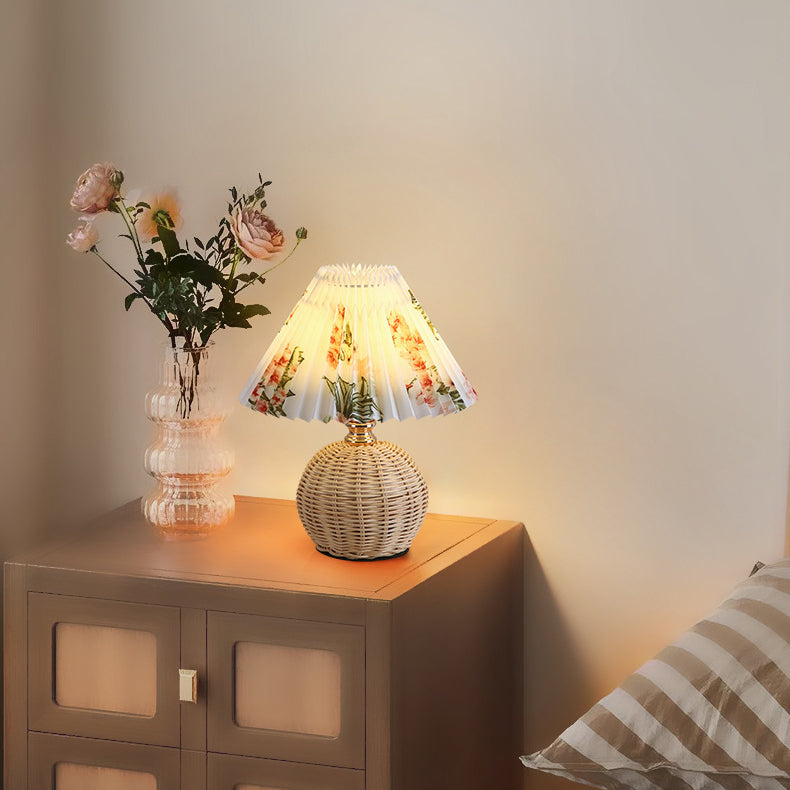 Nordic Rattan Table Lamp with Fabric Shade, USB Powered & Infinitely Dimmable LED Light for Bedroom, Living Room, Study