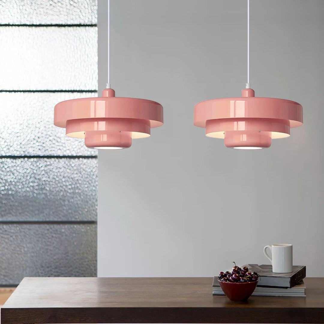 Hanging Iron Ceiling Fixture 14 Inch Layered Shade Height-Adjustable for Kitchen Dining Room Bedroom Modern Retro Downlight E27 Socket