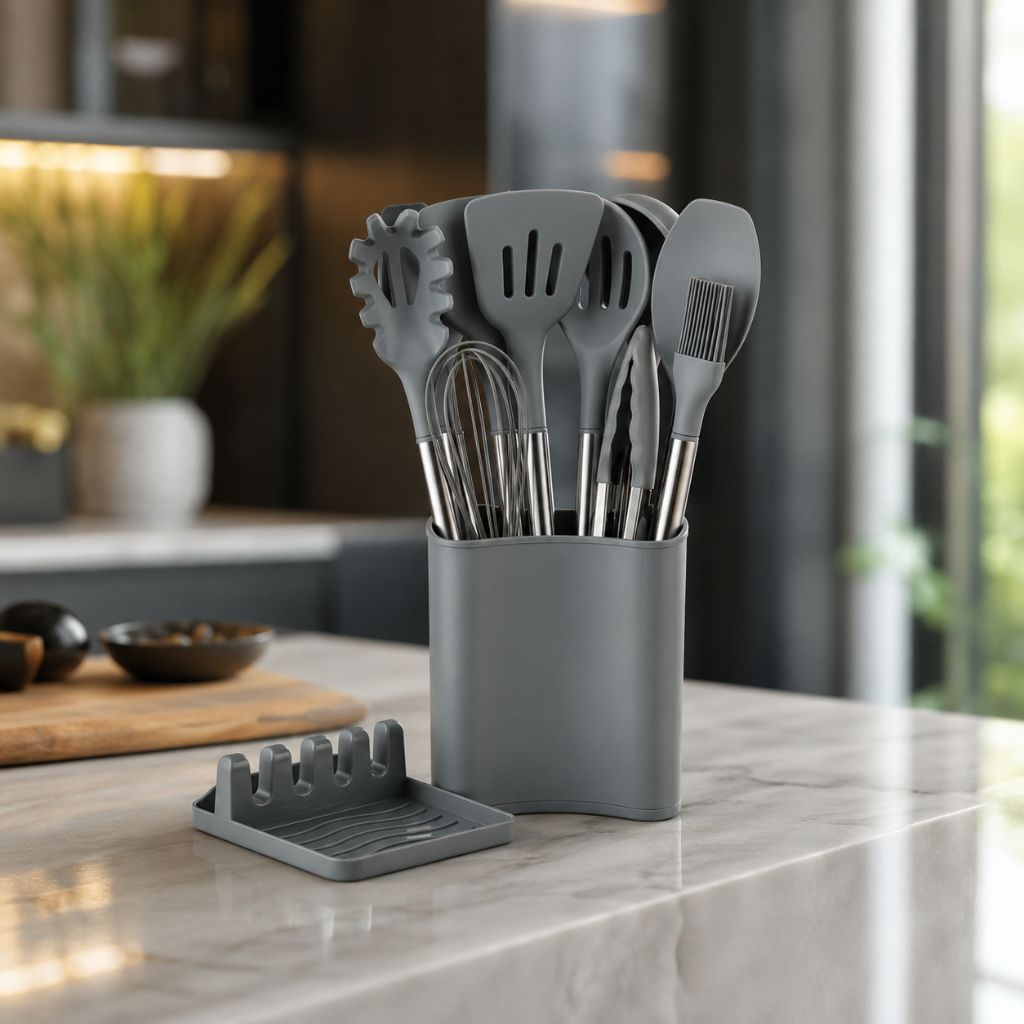 Cooking Tool Set 13-Piece Heat-Safe Nonstick Kitchen Utensils Gray Black Khaki with Caddy for Home Chefs Baking Stovetop Use