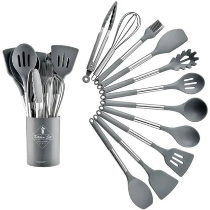 Cooking Tool Set 13-Piece Heat-Safe Nonstick Kitchen Utensils Gray Black Khaki with Caddy for Home Chefs Baking Stovetop Use