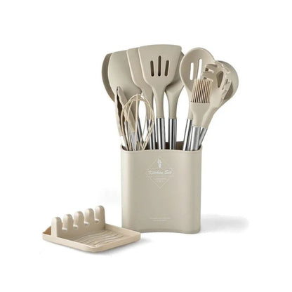 Cooking Tool Set 13-Piece Heat-Safe Nonstick Kitchen Utensils Gray Black Khaki with Caddy for Home Chefs Baking Stovetop Use
