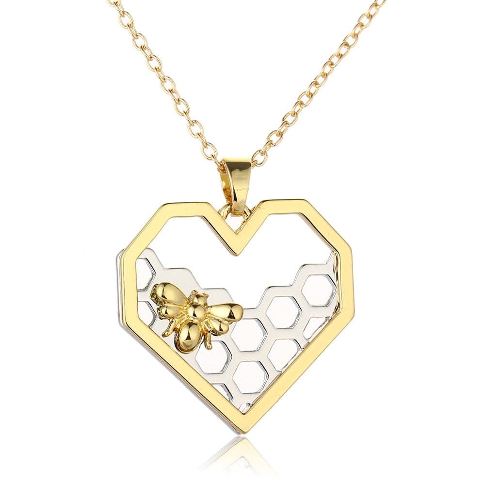 Heart Pendant Necklace with Bee & Honeycomb Design – Gold-Tone Chain Jewelry for Women & Girls
