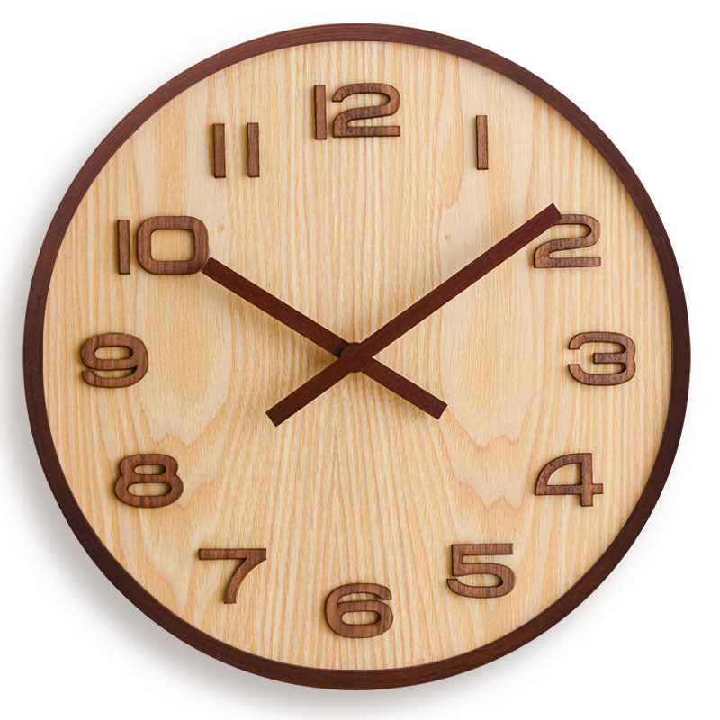 12-Inch Noiseless Timepiece Natural Wood Finish Brown Round Clock for Bedroom Office Living Space Home