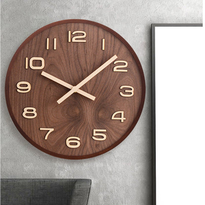 12-Inch Noiseless Timepiece Natural Wood Finish Brown Round Clock for Bedroom Office Living Space Home
