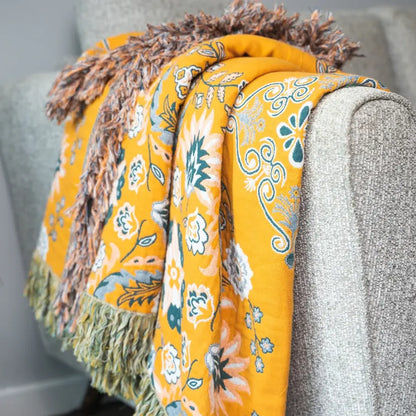 Reversible Cotton Throw Blanket with Tassels – Bohemian Floral Design for Couch, Sofa, or Bed – Warm & Decorative Home Accent