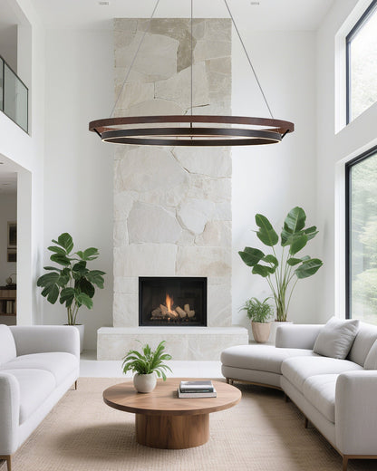 Circular Wood Ring Chandelier with LED Lighting 24-47 Inches Adjustable Height Farmhouse Dining Room Kitchen Island Ceiling Fixture