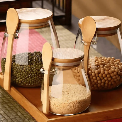 Clear Glass Canister with Bamboo Lid & Spoon for Pantry Organization Coffee Beans Loose Tea Dry Goods Kitchen Counter Storage Jar Airtight S