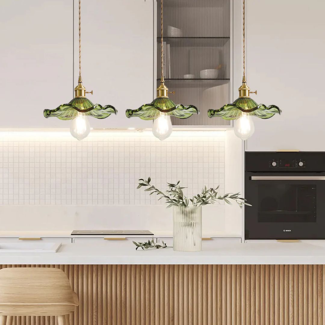 Glass Ceiling Light with Sculptural Ripple Edge – 9 in Hanging Fixture with Metal Hardware for Kitchen, Dining Area, or Bedroom – Adjustable