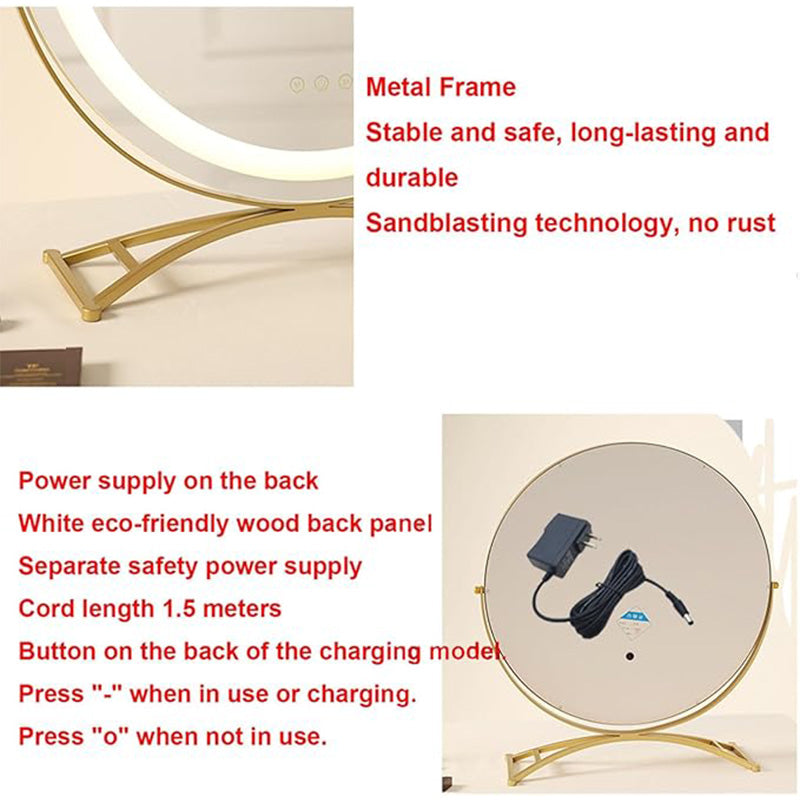 Rechargeable Lighted Vanity Mirror 16 Inch Round Tabletop Mirror with Adjustable LED Brightness Dimmable 360 Rotation for Makeup Skincare Be