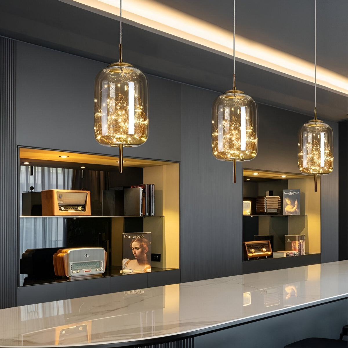 Glass Hanging Fixture with Adjustable Cord for Dining Table & Kitchen Island | Modern Suspended Light in Amber or Gray | Oval Sphere Capsule