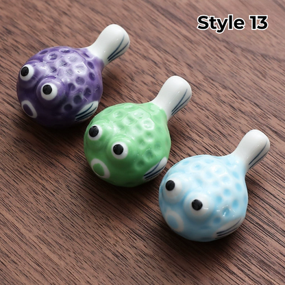 Porcelain Utensil Holders with Animal and Fruit Designs for Asian Dining – Set of 3 Decorative Tabletop Rests