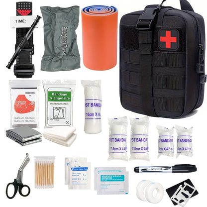 Emergency First Aid Kit with Tourniquet for Outdoor Adventures, Camping & Hiking Survival Trauma Medical Supplies | Compact Portable Bag