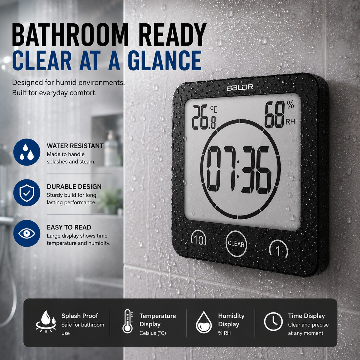 Waterproof Bathroom Shower Clock with Large Display for Time Management