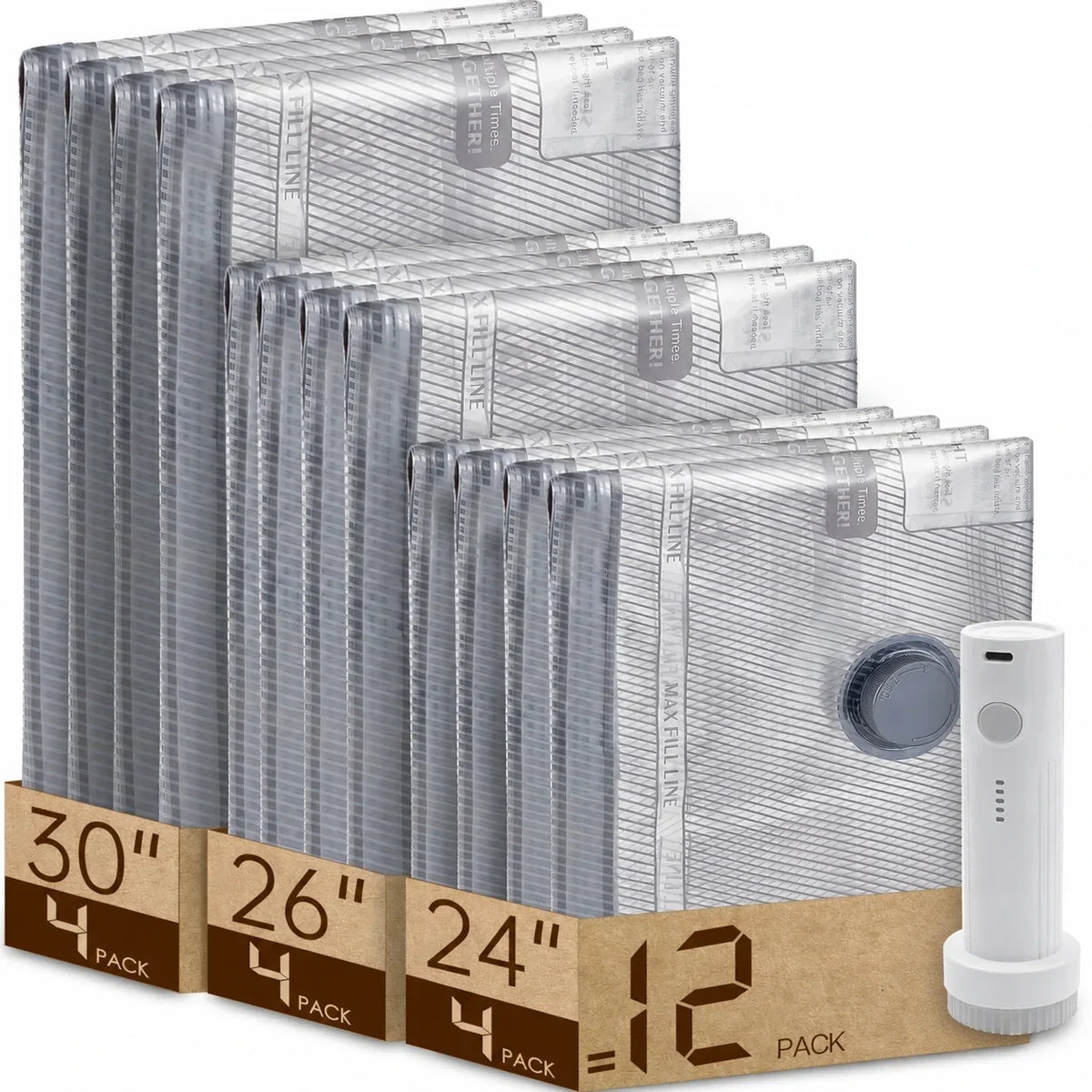 Sacs de compression gain de place avec pompe à air électrique – Lot de 12 pour le voyage, le rangement dans les placards et les vêtements saisonniers
