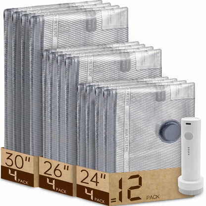 Sacs de compression gain de place avec pompe à air électrique – Lot de 12 pour le voyage, le rangement dans les placards et les vêtements saisonniers