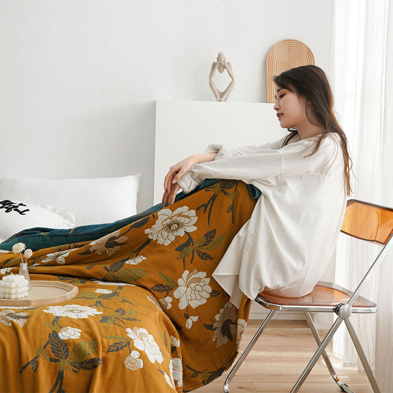Couette réversible douillette en coton avec motif floral bohème jaune | Douce et durable pour un confort tout au long de l'année