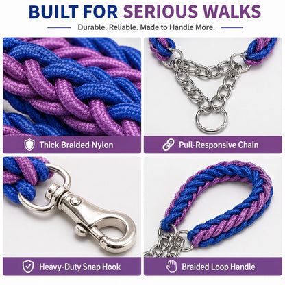 Ortekor Heavy-Duty Braided Dog Leash with Chain-Control Collar for Strong Pullers - Daily Walking & Training