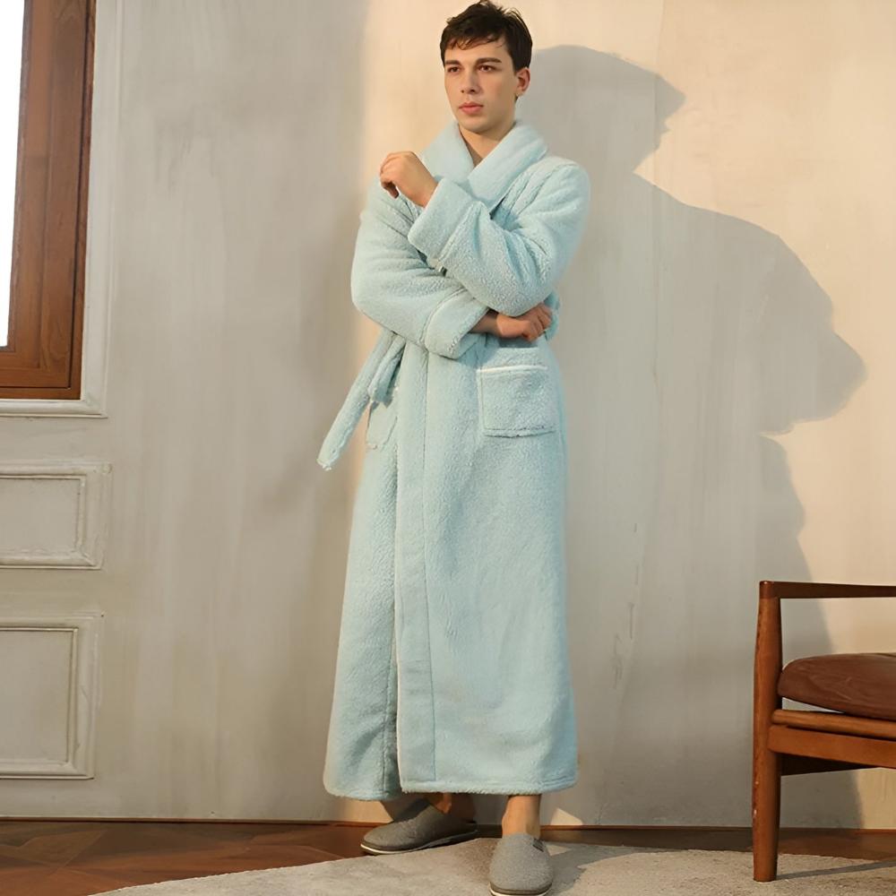 Plush Coral Fleece Bathrobe with Shawl Collar & Pockets – Unisex Lounge Robe for Year-Round Wear
