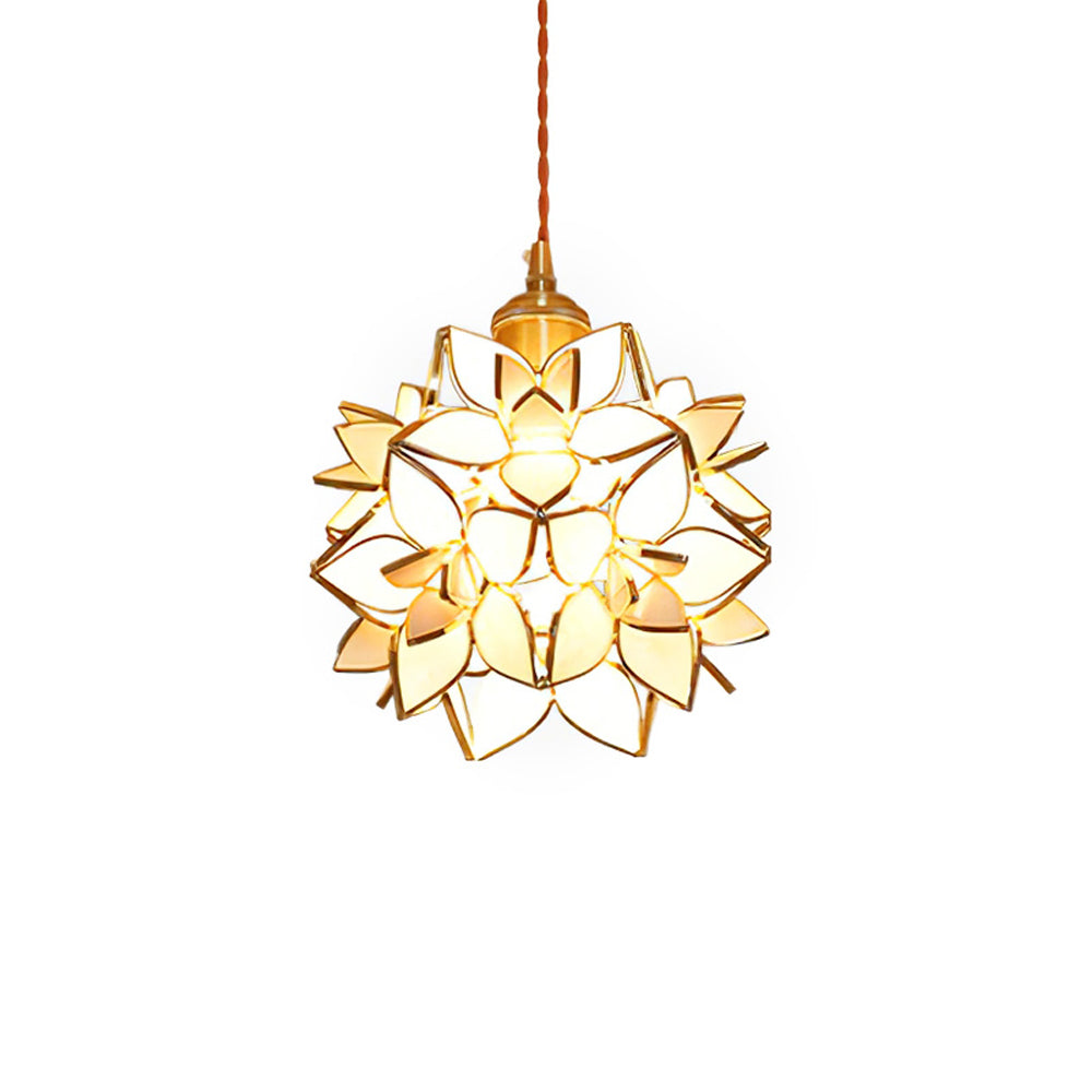 Glass Globe Ceiling Light with Floral Detail, 8-Inch Brass Hanging Fixture for Dining Room & Bedroom Ambient Lighting