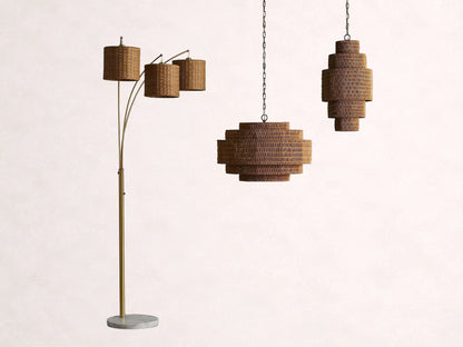 Woven Rattan Ceiling Chandelier with Layered Dome Shade – 28 or 40 Inch Natural Boho Pendant Light for Dining Room, Bedroom, Living Room