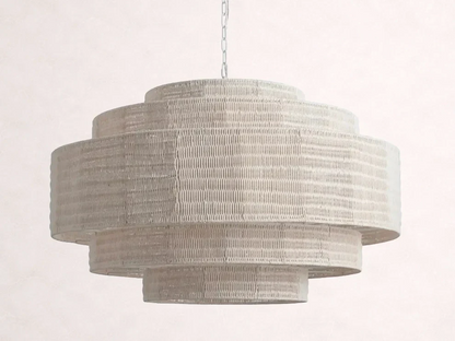 Woven Rattan Ceiling Chandelier with Layered Dome Shade – 28 or 40 Inch Natural Boho Pendant Light for Dining Room, Bedroom, Living Room
