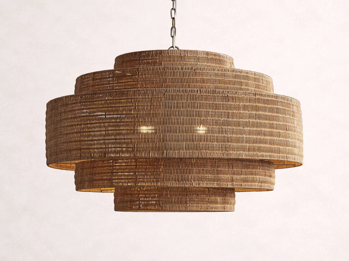 Woven Rattan Ceiling Chandelier with Layered Dome Shade – 28 or 40 Inch Natural Boho Pendant Light for Dining Room, Bedroom, Living Room