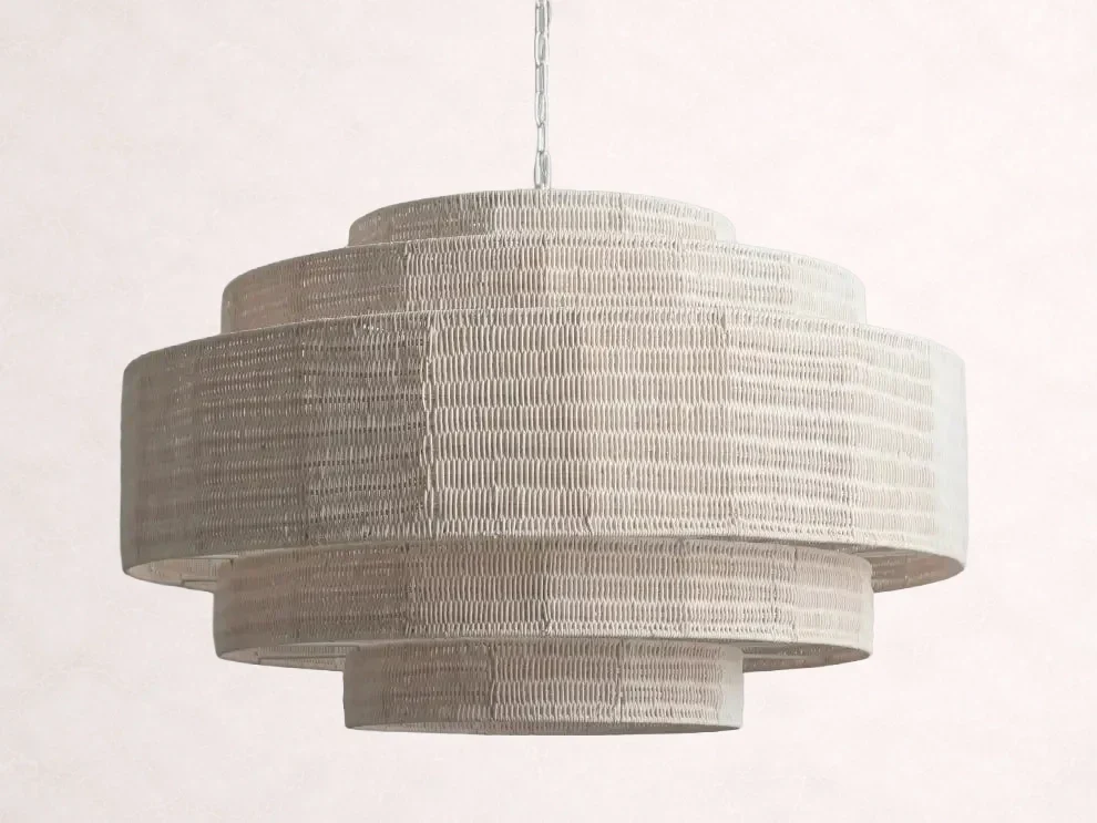 Woven Rattan Ceiling Chandelier with Layered Dome Shade – 28 or 40 Inch Natural Boho Pendant Light for Dining Room, Bedroom, Living Room