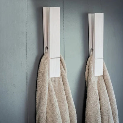 Oversized Wooden Clothespin Wall Hook for Towels & Clothes - Rustic Bathroom Organizer with Adhesive Backing - No Drill Installation