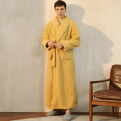 Plush Coral Fleece Bathrobe with Shawl Collar & Pockets – Unisex Lounge Robe for Year-Round Wear